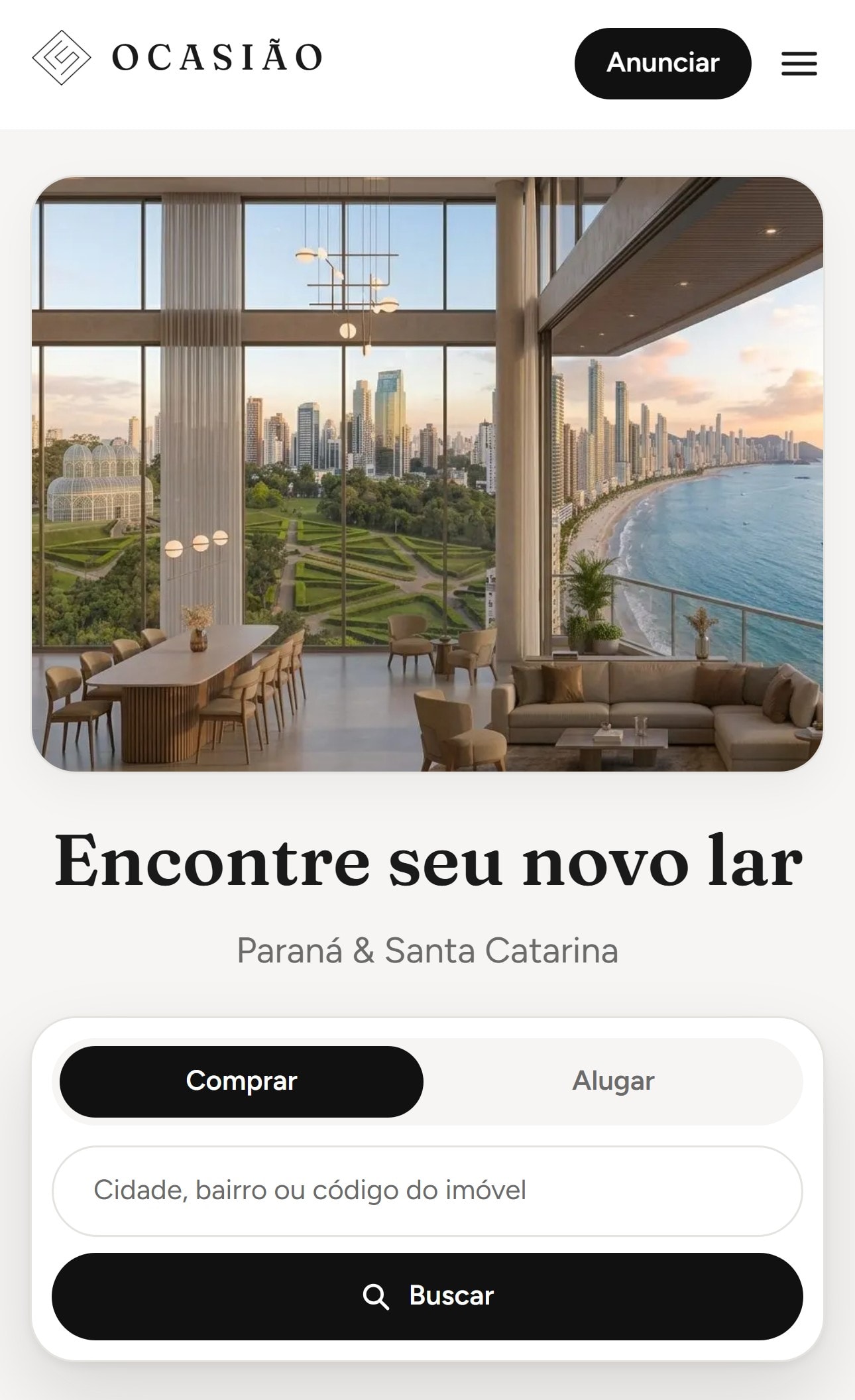 Home do site da Ocasião Imóveis — imobiliária em Curitiba, cliente ApplyHome