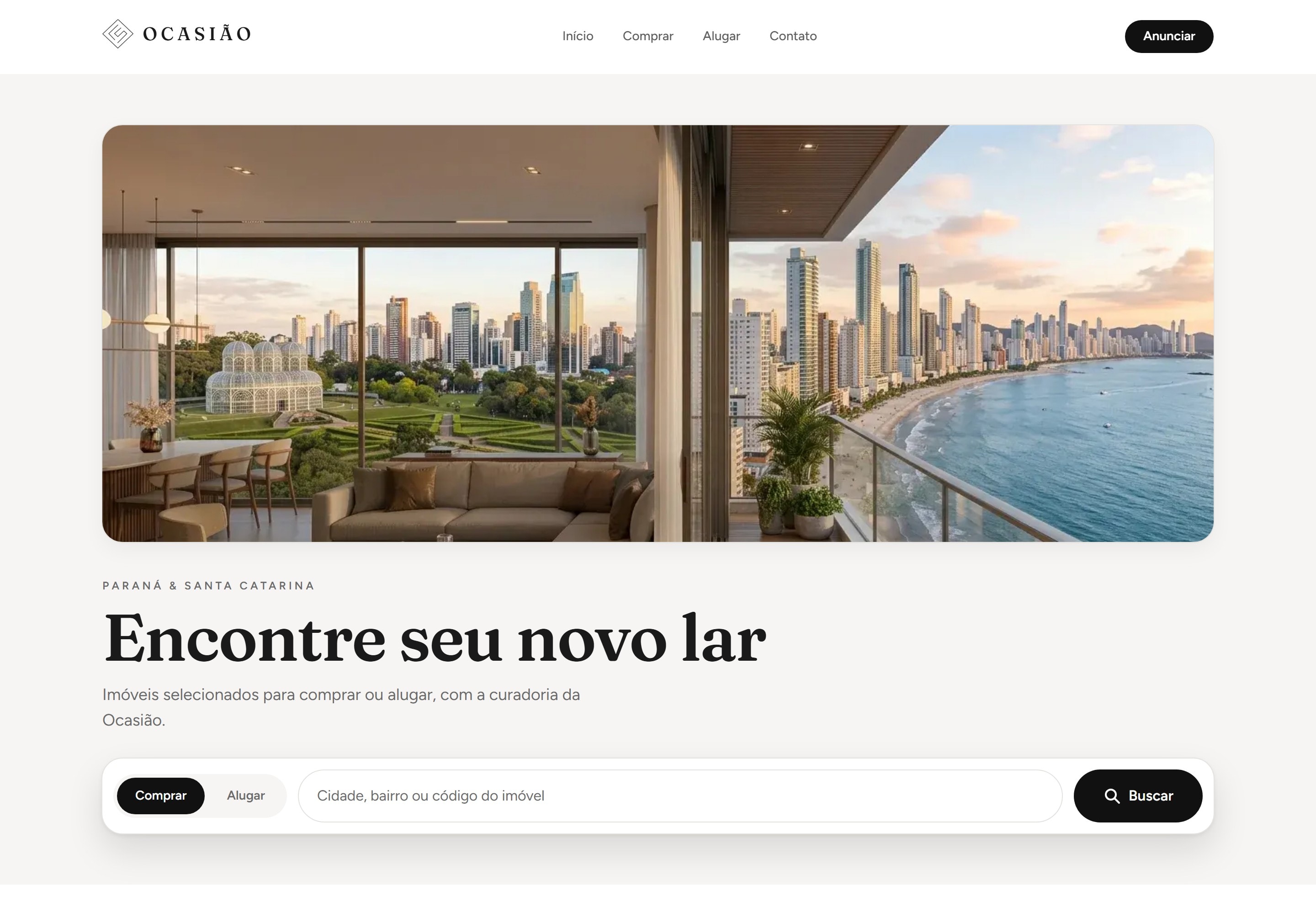 Home do site da Ocasião Imóveis — imobiliária em Curitiba, cliente ApplyHome